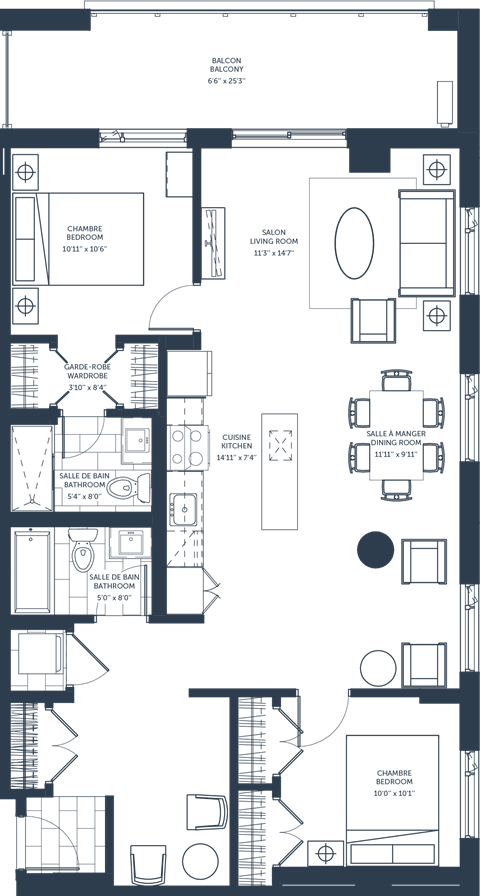 Floor plan for 2 beds, 2 baths, 985 sqft